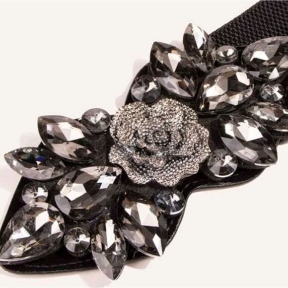 Ornate Rhinestone Black Victorian Stretch Wide Belt - Picture 6 of 6